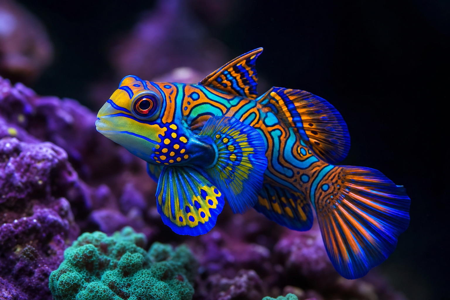 Mandarin Dragonet with intricate orange and blue patterns over coral