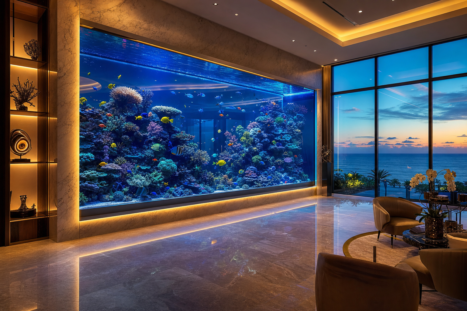 Floor-to-ceiling reef aquarium wall in a modern Miami estate