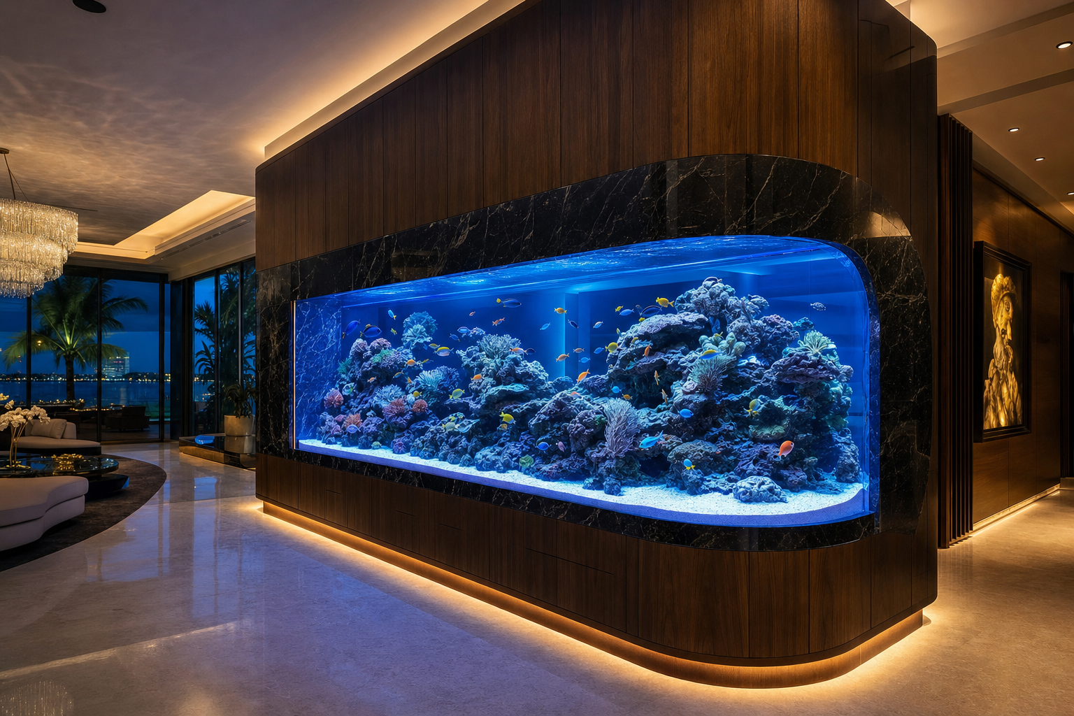 Custom frameless reef aquarium built into a marble and walnut wall